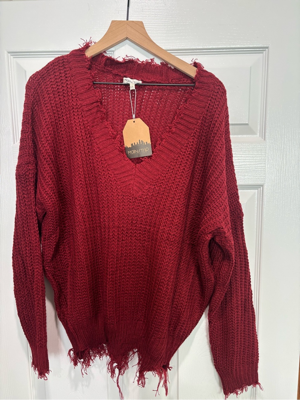 Main Strip Distressed V Neck Sweater Burgundy Red Large NWT
